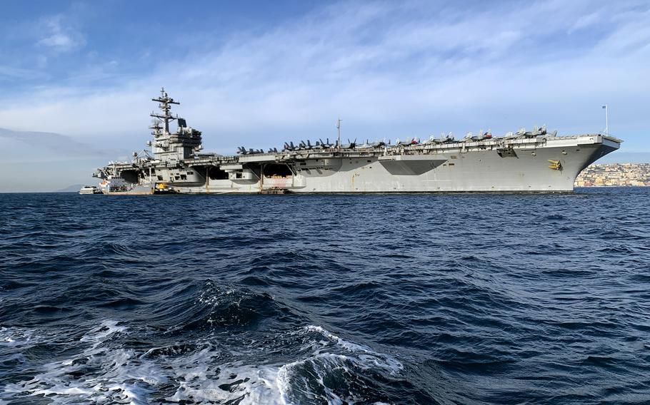 The USS George H.W. Bush in the Bay of Naples on Tuesday, Nov. 29, 2022. The aircraft carrier, on deployment to the Mediterranean Sea since August, was in Naples for a port call. 