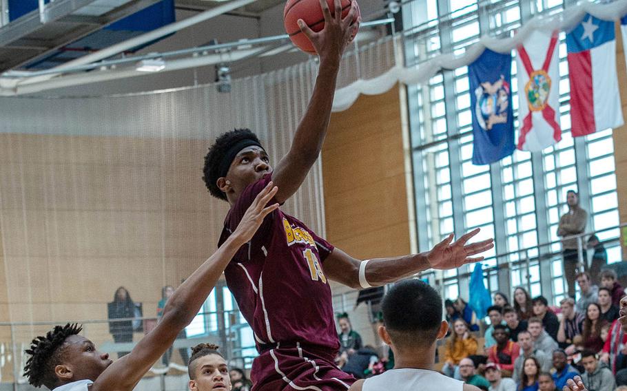 Baumholder’s Chandler Piggé goes up for a layup during the Division III basketball championship game between Baumholder and Ansbach at Clay Kaserne Fitness Center, Germany, Feb. 23, 2019. Baumholder won the game 70-65. 