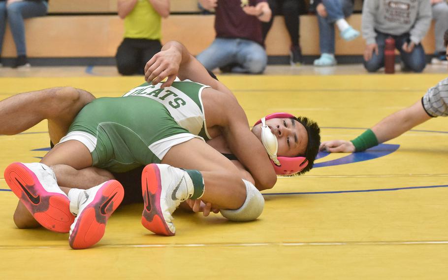 Naples’ Joaquin Villescas is too much for Vilseck’s Jude Cruz in a 120-pound semifinal Saturday, Feb. 10, 2024, at the DODEA European Wrestling Championships in Wiesbaden, Germany.