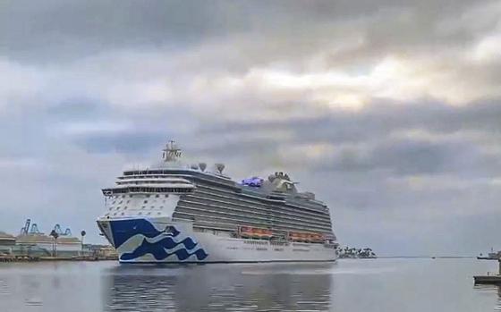 A video screen grab shows the Majestic Princess sailing into the Port of Los Angeles in an Oct. .6, 2021, post.