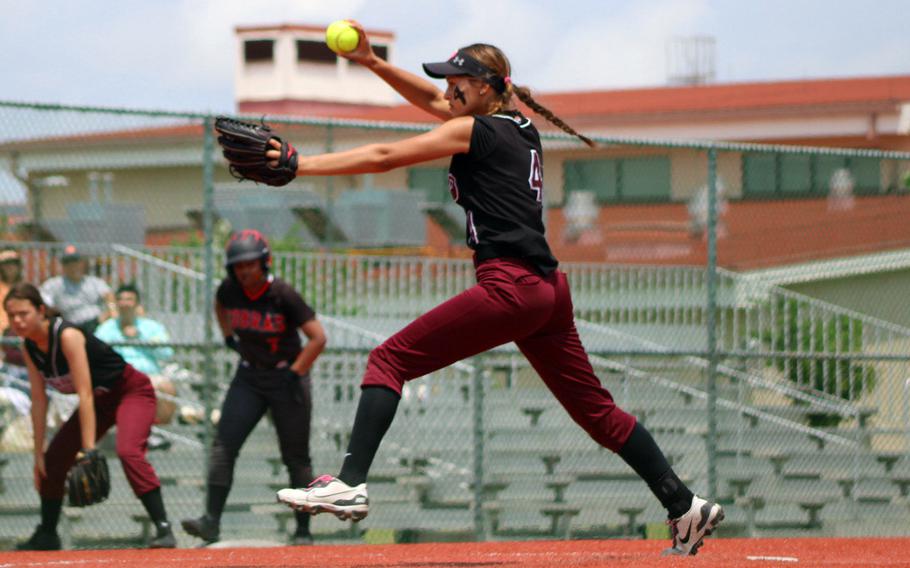 Perry right-hander Gabby Martens deliivers against King.