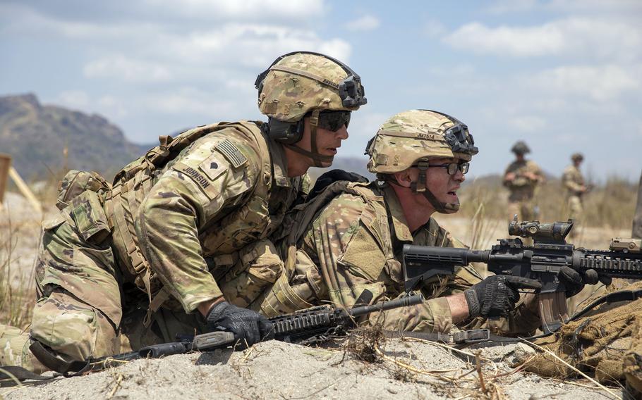 Soldiers with the 3rd Infantry Brigade Combat Team, 25th Infantry Division, conduct team live-fire training during the Salaknib exercise at Colonel Ernesto Rabina Air Base, Philippines, March 8, 2022. 