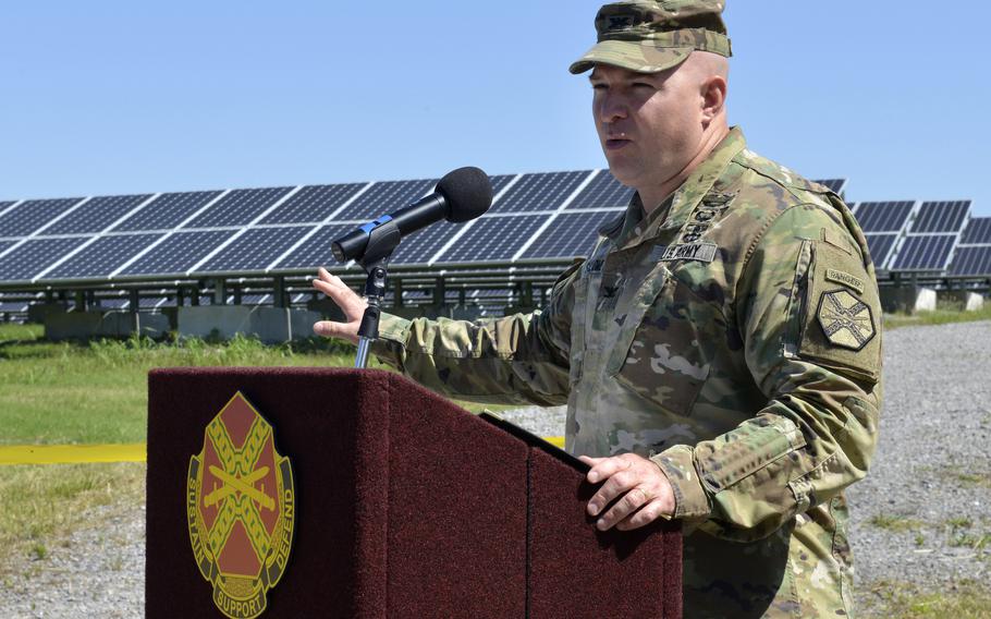 Army Col. Rob Salome, the garrison commander, speaks during the solar array ribbon-cutting ceremony at Fort Campbell, Ky., on June 9, 2017.  At the time, the Solar Array Park safely generated five megawatts of solar energy and provided 10% of the power used at the Army base.  