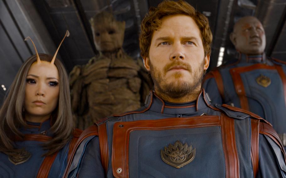 Mantis (Pom Klementieff), left, Groot (voiced by Vin Diesel), Star-Lord (Chris Pratt) and Drax (Dave Bautista) in “Guardians of the Galaxy Vol. 3,” which may be the last film in the franchise.  