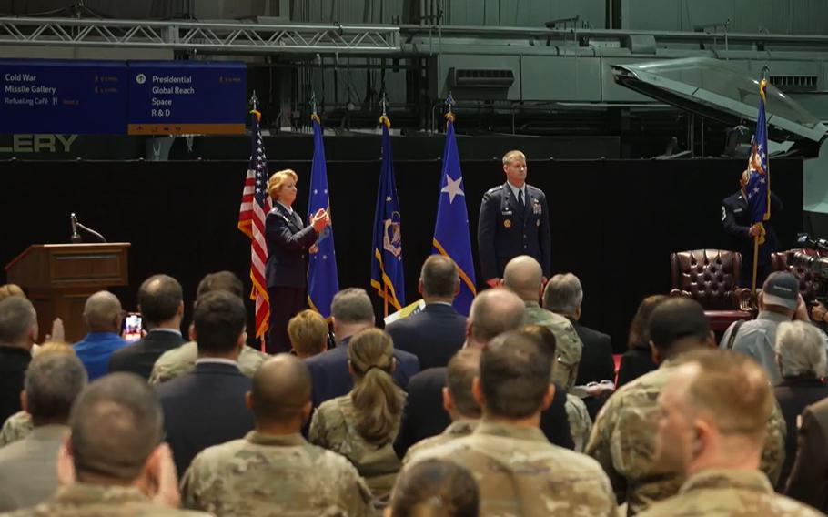 Col. Dustin Richards takes command of the 88th Air Base Wing at Wright-Patterson Air Force Base during a ceremony Tuesday, April 9, 2024, at the National Museum of the U.S. Air Force.