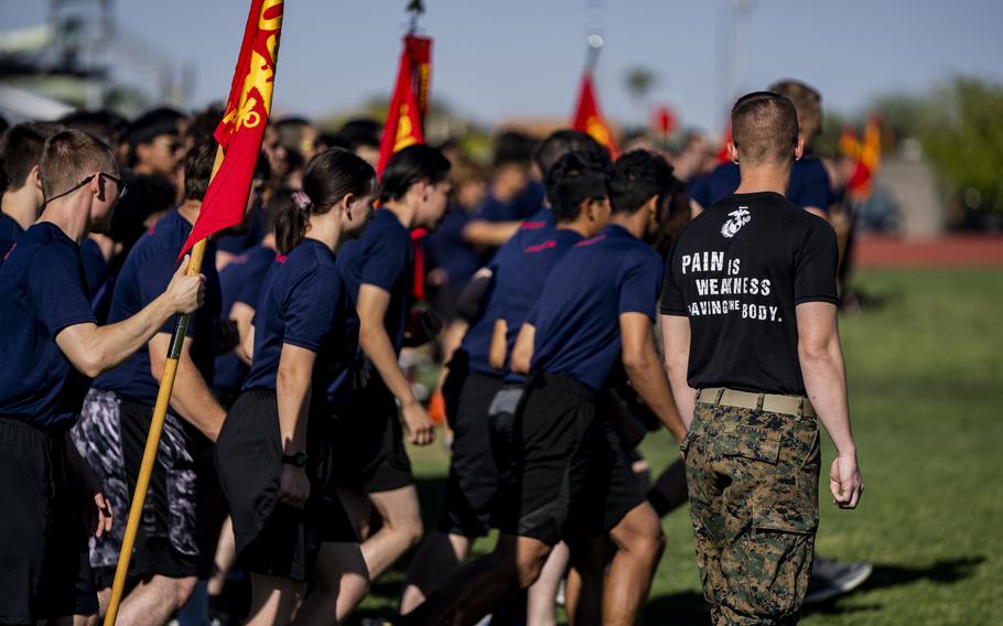 Marine Corps poolees conduct exercises at Skyline High School in Mesa, Arizona, in April 2022.