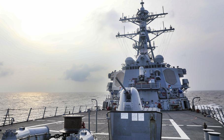 The guided-missile destroyer USS Benfold passes through the Taiwan Strait, Wednesday, July 28, 2021. 