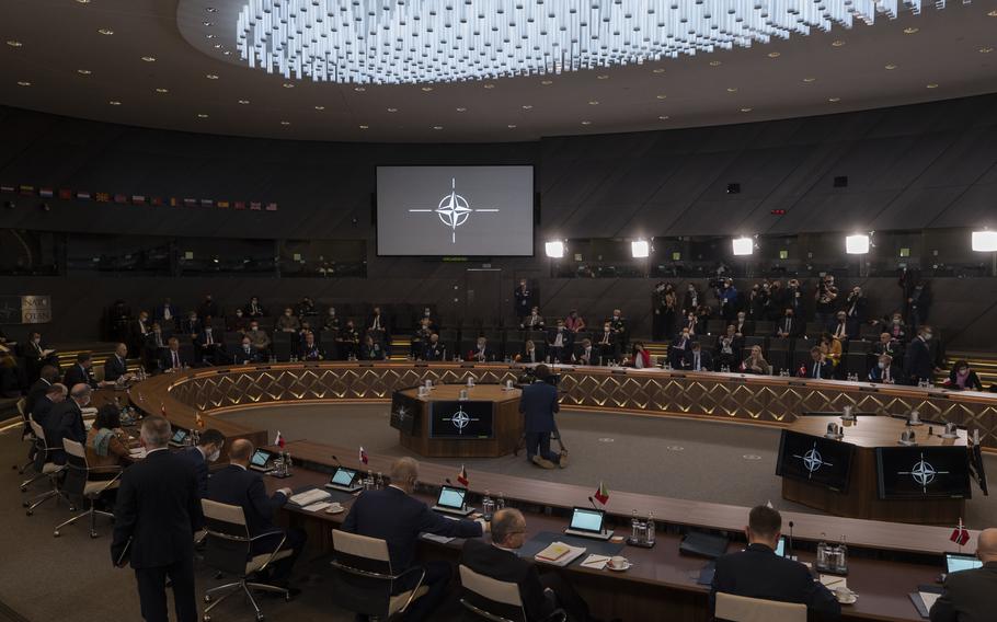 Defense Secretary Lloyd Austin attends defense ministerial meetings at NATO headquarters in Brussels, Belgium, Feb. 16, 2022. Austin also traveled to Poland and Lithuania for talks with leaders concerned about Russia's military buildup near Ukraine's borders.