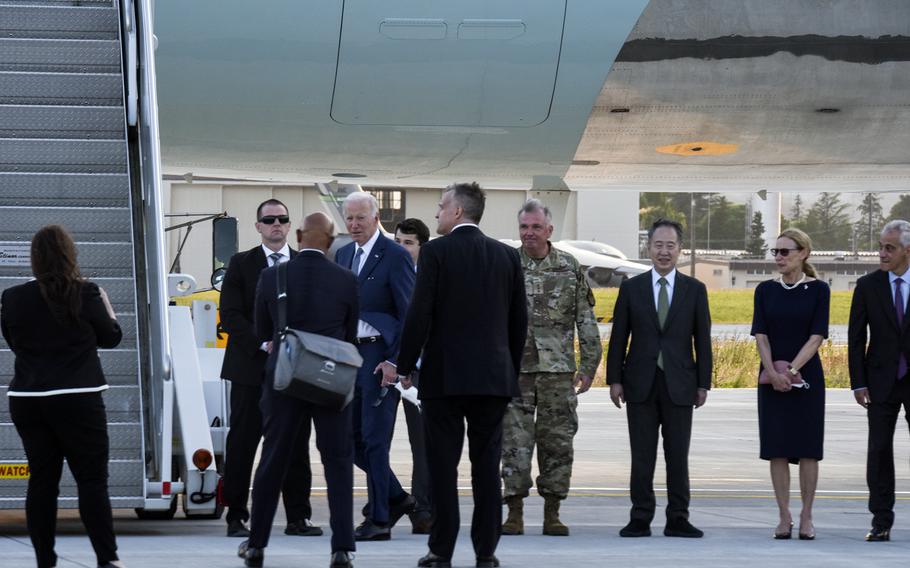 President Joe Biden prepares to board Air Force One at Yokota Air Force Base in western Tokyo on Tuesday, May 24, 2022. 