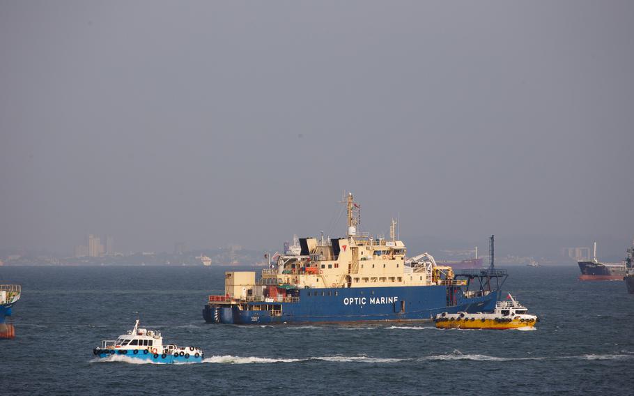 A subsea cable repair ship off the coast of Singapore.