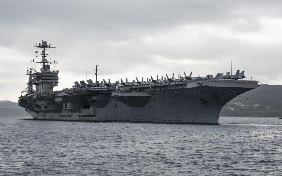The USS Harry S. Truman prepares to arrive pierside in Souda Bay, Dec. 30, 2021. 