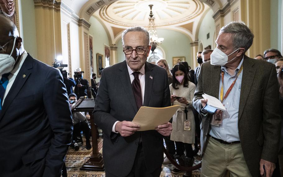 Senate Majority Leader Charles Schumer of N.Y., departs after a news conference following a weekly policy lunch on Capitol Hill on Tuesday, Dec. 7, 2021 in Washington, D.C.