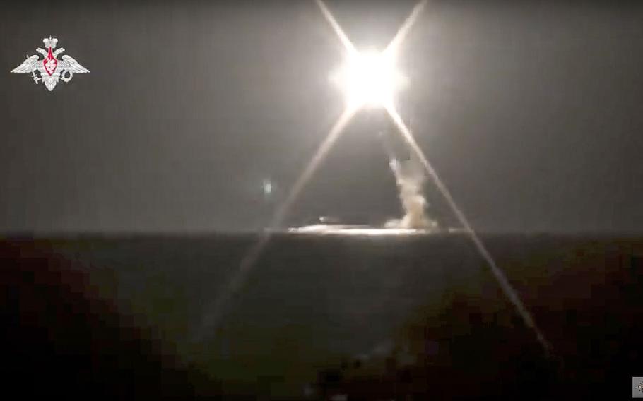 In this photo taken from video distributed by Russian Defense Ministry Press Service on Monday, Oct. 4, 2021, a new Zircon hypersonic cruise missile is launched by a submarine of the Russian navy from the Barents Sea.