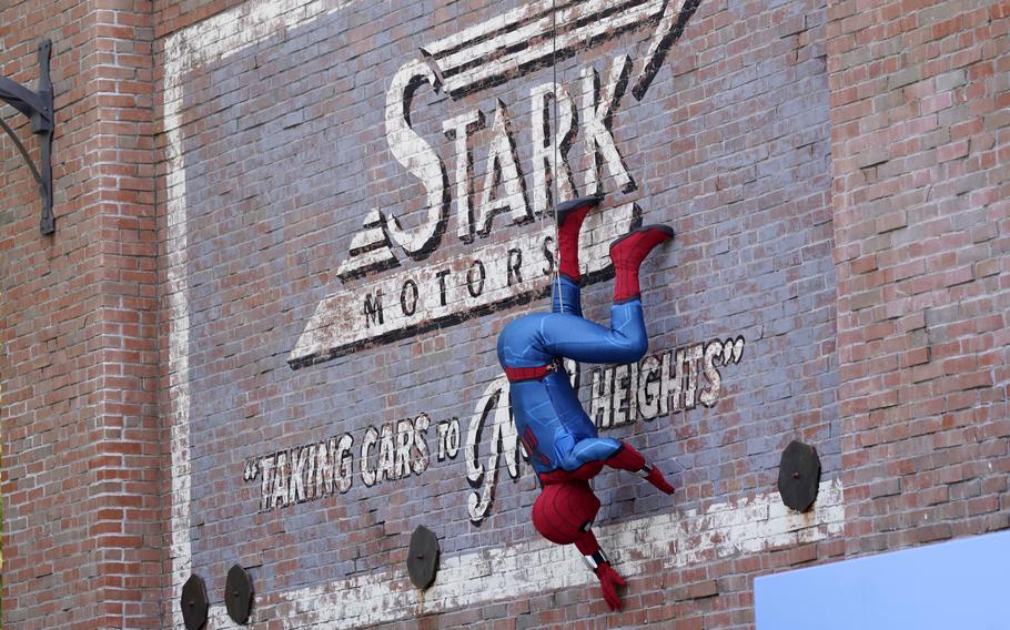 A Spider-Man character performs June 2 during "The Amazing Spider-Man!" show at the Avengers Campus media preview at Disney's California Adventure Park in Anaheim, Calif. 