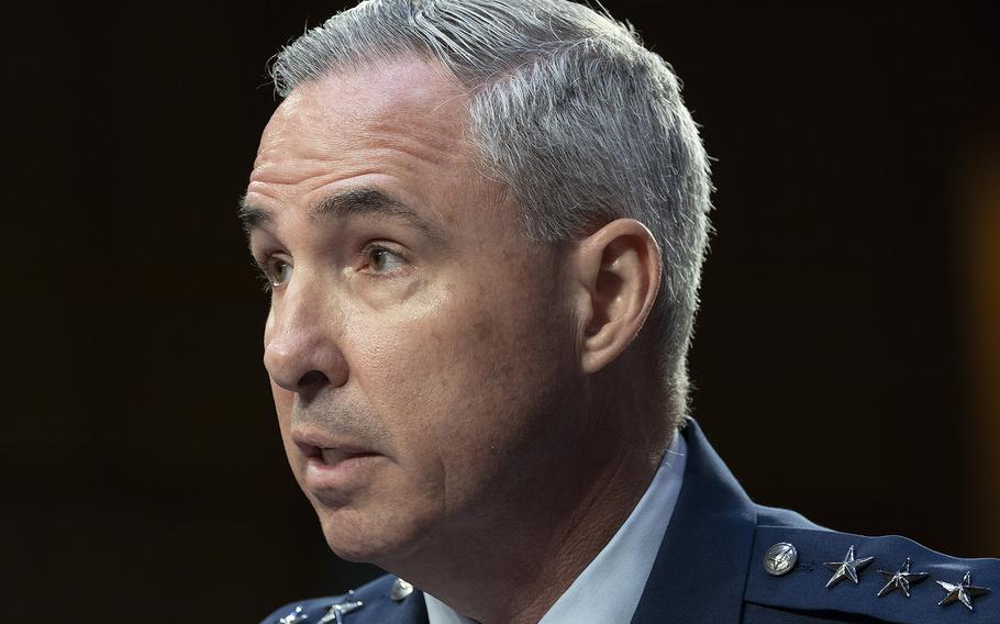 Space Force Lt. Gen. Stephen N. Whiting speaks July 26, 2023, at his Senate Armed Services Committee confirmation hearing on Capitol Hill about his nomination as commander of the U.S. Space Command.