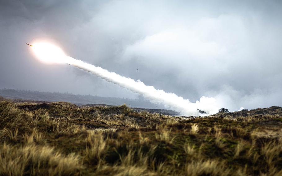 U.S. soldiers fire a High Mobility Artillery Rocket System in Oskbol, Denmark, in 2023 as part of exercise Dynamic Front. This year's edition of Dynamic Front began Feb. 5, 2024, and is the Army's largest artillery exercise in Europe.