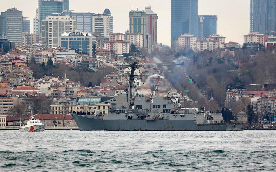 The destroyer USS Nitze in Istanbul Feb. 3, 2023, with U.S. Ambassador to Turkey Jeff Flake on board.