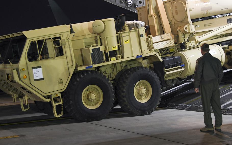 Components of a Terminal High Altitude Area Defense, or THAAD, anti-missile system arrive at Osan Air Base, South Korea, in March 2017.
