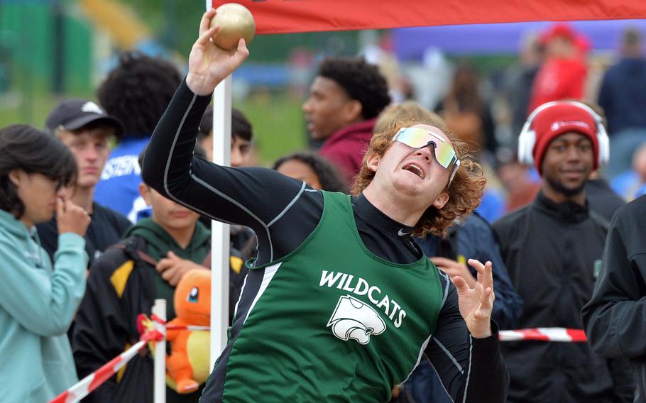 Jack Thomas of Naples won the shot put event at the DODEA-Europe track and field championships in Kaiserslautern, Germany, May 20, 2023, with a toss of 43-07.50.