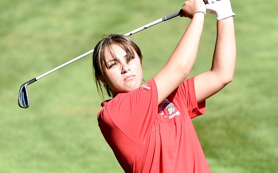 Kaiserslautern's Reigen Pezel watches ball during a travel-team qualifer on Sept. 7, 2023, at Woodlawn Golf Course on Ramstein Air Base, Germany. The Raider senior won the 2021 DODEA European girls individual championship.