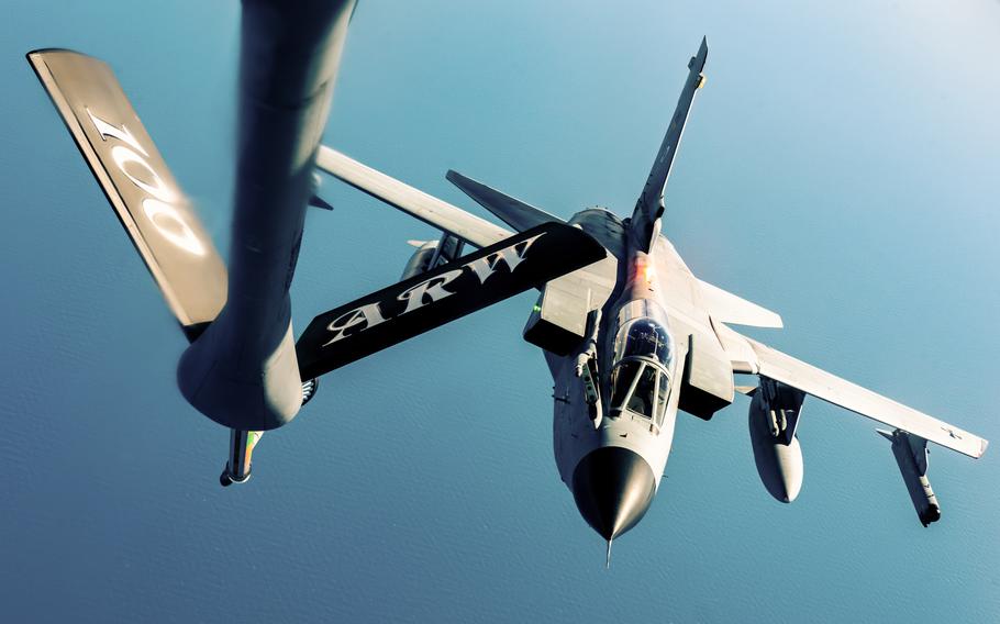 A German air force Tornado approaches a U.S. Air Force KC-135 Stratotanker during exercise Cobra Warrior 22 over the North Sea on Sept. 7, 2022. Germany plans to replace its aging Tornado fleet with F-35 Lightning II jets.