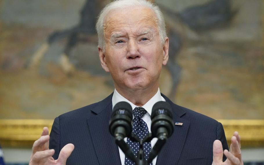 President Joe Biden speaks Friday, Feb. 18, 2022, about Ukraine in the Roosevelt Room of the White House in Washington. 