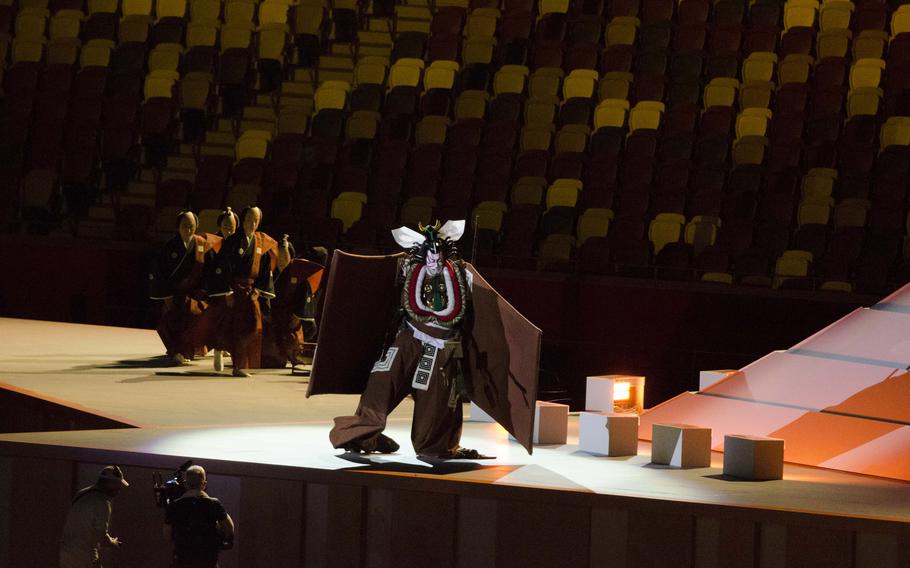 Japanese performers on stage during the Tokyo 2020 opening ceremony.