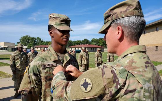 Dexavion Sanders receives his promotion to the rank of specialist on Aug. 21, 2020, while assigned to the 367th Support Maintenance Company of the Mississippi National Guard. Sanders was killed Aug. 12, 2023, in Grafenwoehr, Germany, when his car collided with a roadside tree.