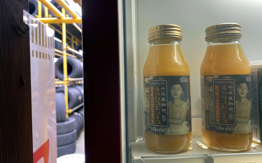 These retro-inspired bottles of mixed juice are among the scores of items for sale inside the vending machines at Used Tire Market in Sagamihara, Japan.