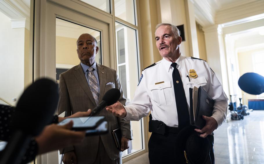 U.S. House of Representatives Sergeant at Arms William J. Walker and U.S. Capitol Chief of Police Thomas Manger speak to reporters July 26, 2021, after a meeting with the members of the House select committee on the Jan. 6, 2021, attack in Washington, D.C. 