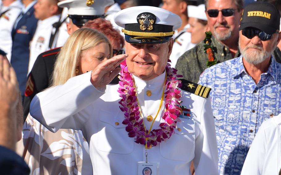 Lou Conter during the Walk of Honor after a Dec. 7, 2019, ceremony at the Pearl Harbor National Memorial marking the surprise attack. Conter, the last living survivor of the USS Arizona, which sank during the attack on Pearl Harbor in 1941, died Monday, April 1, 2024. He was 102.