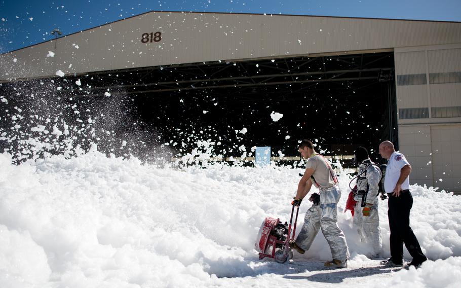 Fire retardant foam was unintentionally released in an aircraft hangar, temporarily covering a small portion of the flight line at Travis Air Force Base, Calif., Sept. 24, 2013. 