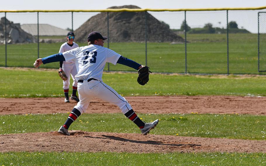 Lakenheath's Austin Johnson throws a strike against Kaiserslautern in a game Saturday, April 29, 2023, at RAF Feltwell, England.