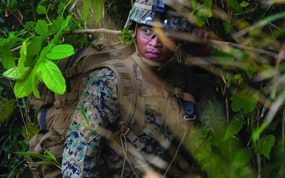 Okinawa, Japan, Dec. 4, 2018: A Marine with the 9th Engineering Support Battalion takes part in a drill at the Jungle Warfare Training Center. Engineers of four specialized companies camped out in the jungle and participated in a weeklong exercise that began Dec. 2 and consisted of rappelling steep mountain terrain, patrolling, land navigation, rope work and other basic-to-intermediate jungle environment skills.

Read the article and check out additional photos here. 
https://www.stripes.com/news/welcome-to-the-jungle-marine-engineers-tackle-tough-terrain-during-okinawa-exercise-1.560420

META TAGS: U.S. Marine Corps; USMC; Jungle Warfare; exercise; training; Okinawa