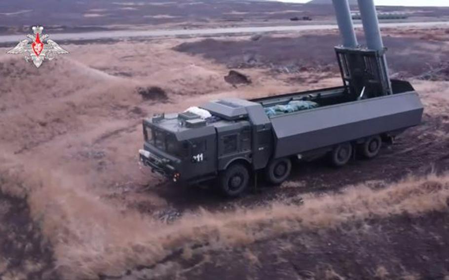This screenshot from Russian Defense Ministry video shows the Bastion coastal defense missile system deployed to Matua, a volcanic island north of Japan's Hokkaido prefecture. 