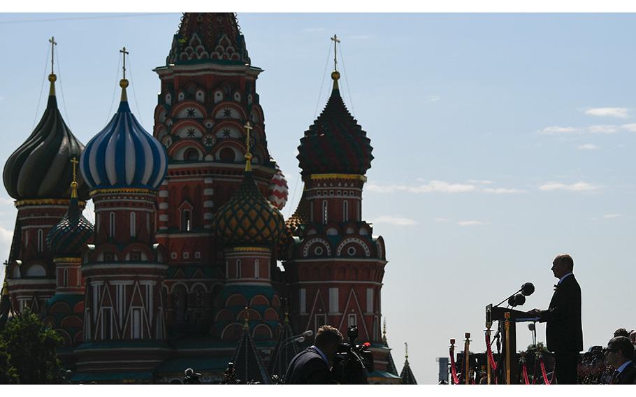 Russian President Vladimir Putin delivers a speech in Moscow, Russia, on June 24, 2020, during the Victory Day military parade marking the 75th anniversary of the Nazi defeat.