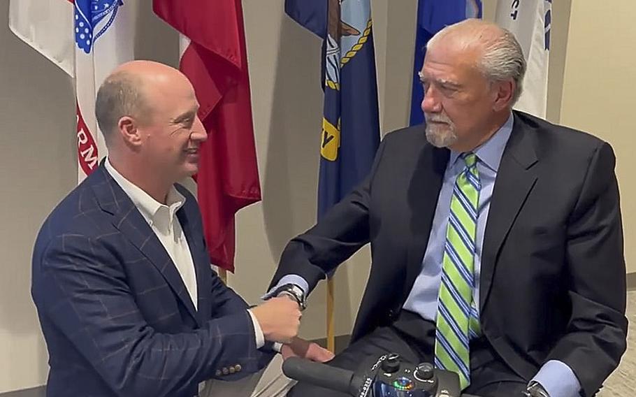 Lt. Gov. Will Ainsworth, left, meets with Lakeshore Foundation CEO John D. Kemp on Nov. 15, 2022. 