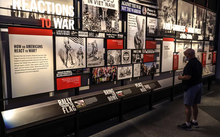 An exhibit on the public's reaction to wars at the National Museum of the United States Army on its reopening day, June 14, 2021.