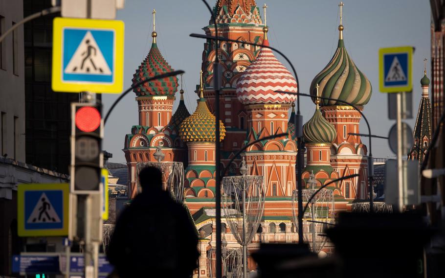 The domes of Saint Basil’s Cathedral in on Red Square Moscow, Russia, on Tuesday, Feb. 15, 2022. Russia may face a longer and deeper recession as the impact of U.S. and European sanctions spreads, handicapping sectors that the country has relied on for years to power its economy, according to an internal report prepared for the government.