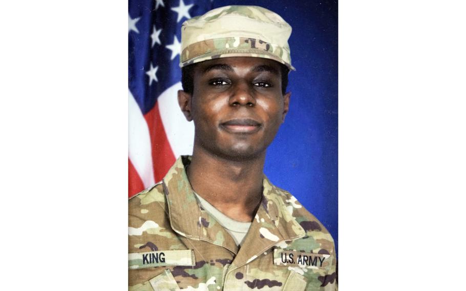This family photo shows a portrait of American soldier Travis King displayed at the home of his grandfather Carl Gates, Wednesday, July 19, 2023, in Kenosha, Wis.