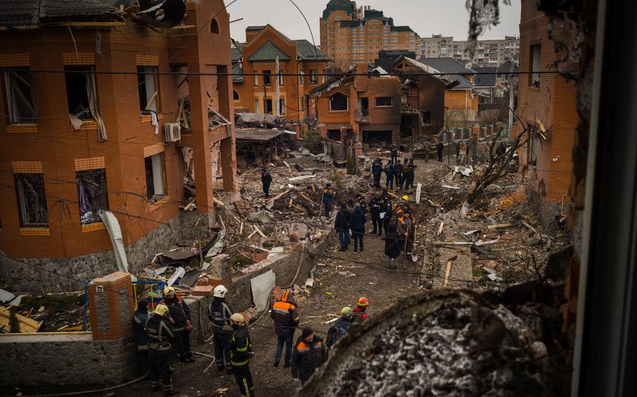 Damaged buildings in a residential area of Bila Tserkva, Ukraine, on Saturday, March 5, 2022.
