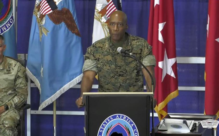 U.S. Marine Corps Gen. Michael Langley addresses audience members upon taking command of U.S. Africa Command in Stuttgart, Germany, Aug. 9, 2022. Langley replaced U.S. Army Gen. Stephen Townsend, who has led the Stuttgart-based U.S. Africa Command for the past three years.