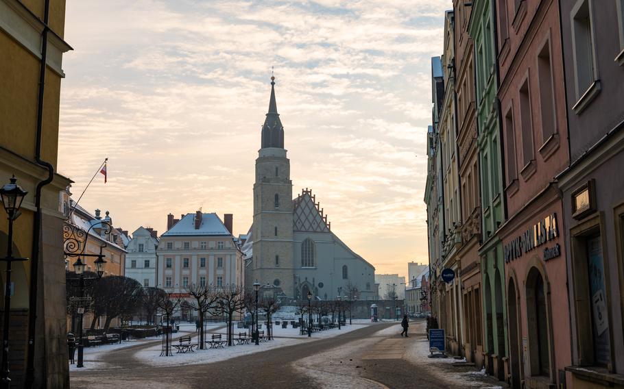 The town square of Boleslawiec, Poland, photographed on Dec. 14, 2022.