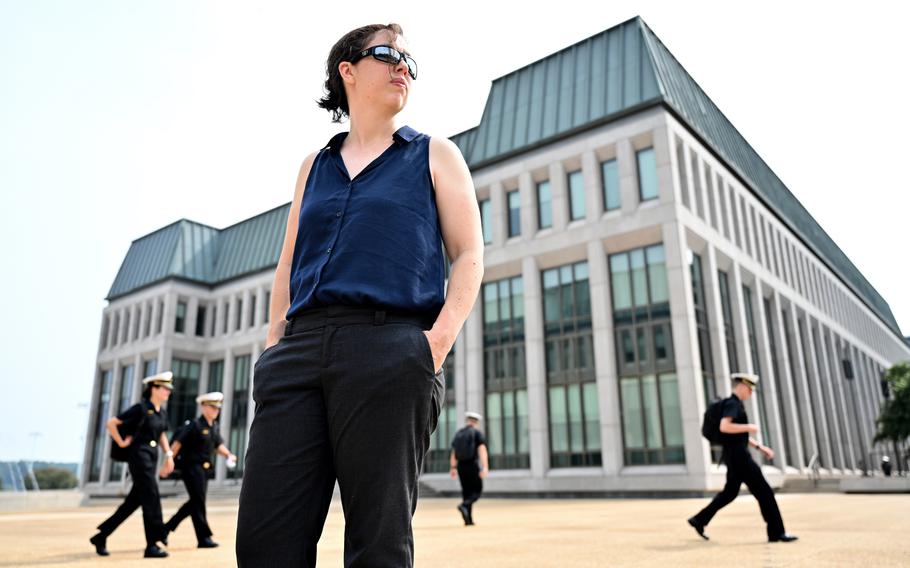 Carolyn Chun outside the building where she teaches math at the U.S. Naval Academy.