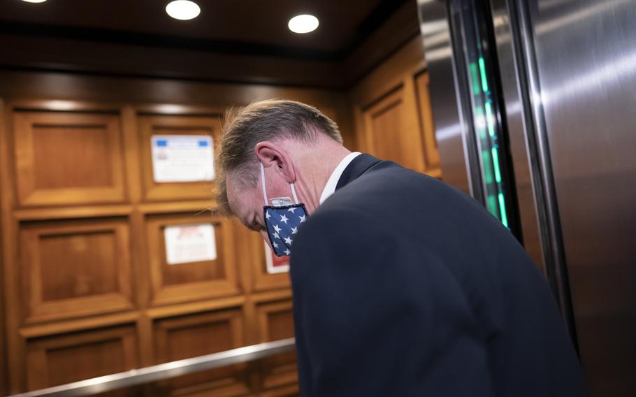 Rep. Paul Gosar, R-Ariz., boards an elevator as the House of Representatives prepares to vote on a resolution to formally rebuke him for tweeting an animated video that depicted him striking Rep. Alexandria Ocasio-Cortez, D-N.Y., with a sword, on Capitol Hill in Washington, Wednesday, Nov. 17, 2021. In addition to the official censure, House Democrats want to oust him from his seats on the House Oversight Committee and the Natural Resources Committee. 
