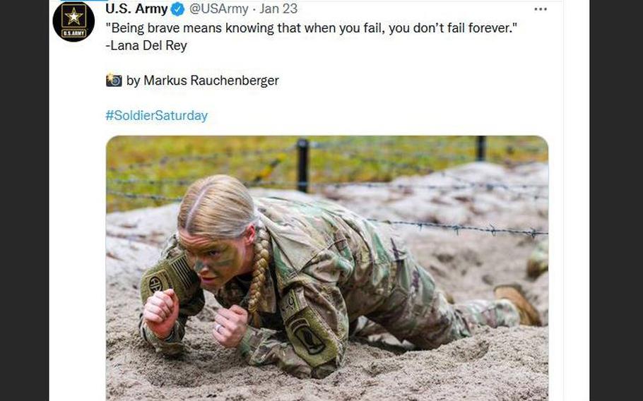 The U.S. Army got people's attention when it tweeted an inspirational quote attributed to singer-songwriter Lana Del Rey on Saturday, Jan. 22, 2022.