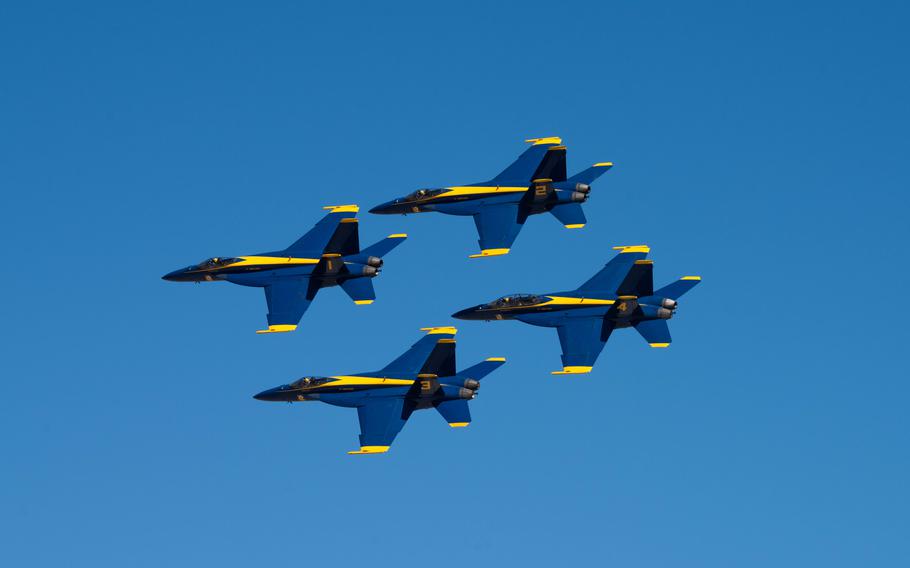 U.S. Navy F/A-18 Super Hornet aircraft assigned the Blue Angels practice their aerial flight maneuvers over Travis Air Force Base, Calif., March 14, 2024. 