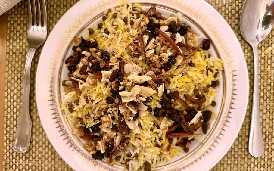 A plate of lentils and rice at a Persian restaurant in Naples.