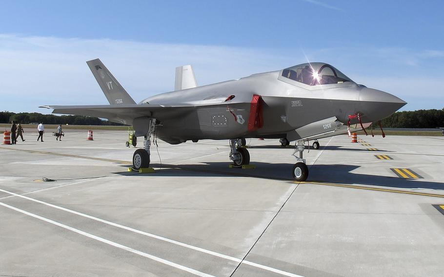 An F-35 fighter jet arrives at the Vermont Air National Guard base in South Burlington, Vt, Sept. 19, 2019. 