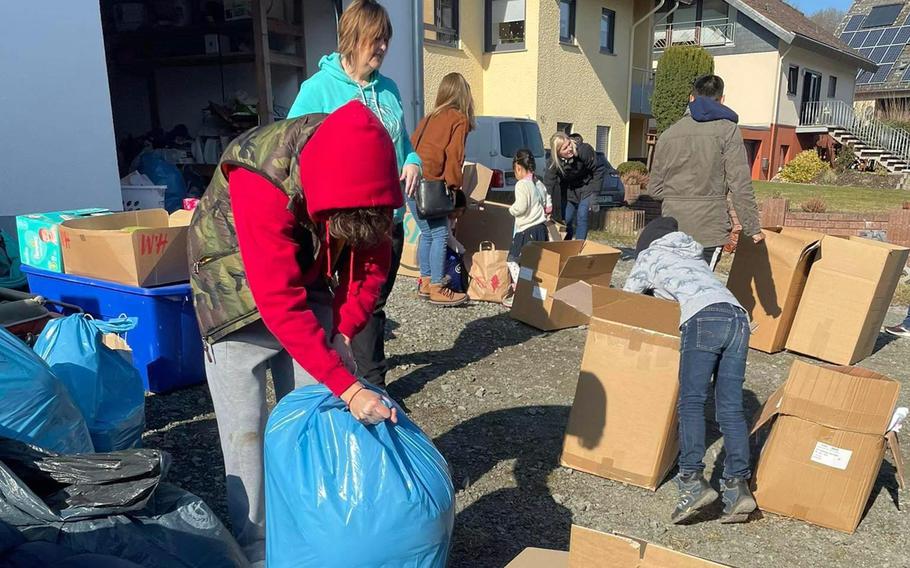 Volunteers in Germany pack up clothing and other donations bound for Ukrainians on March 5, 2022.